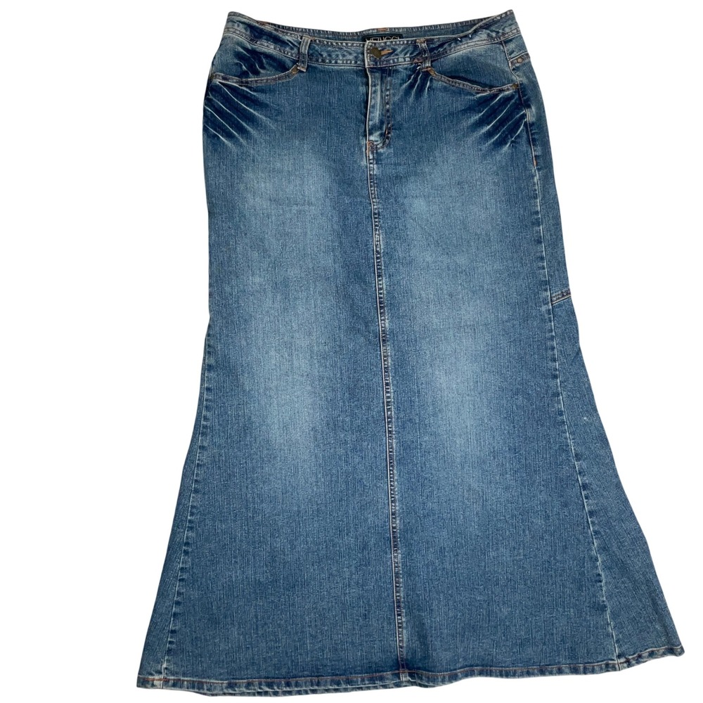 Vezucci Denim Skirt Womens 12 Blue Y2K Maxi Studded Western A-Line Whisker Boho